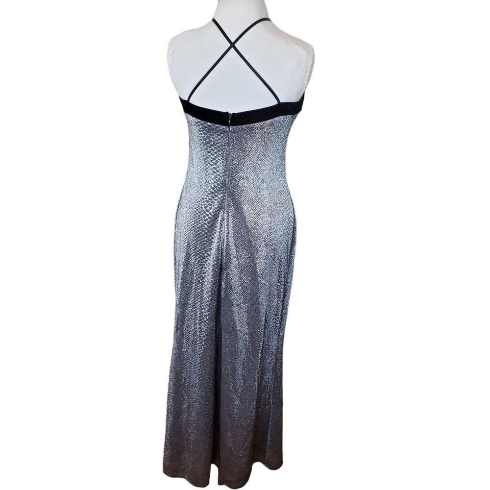 Vintage 90s Silver Metallic Long Halter Dress‎ Velvet Trim Open Back M 8 10 Hoco - Picture 5 of 10